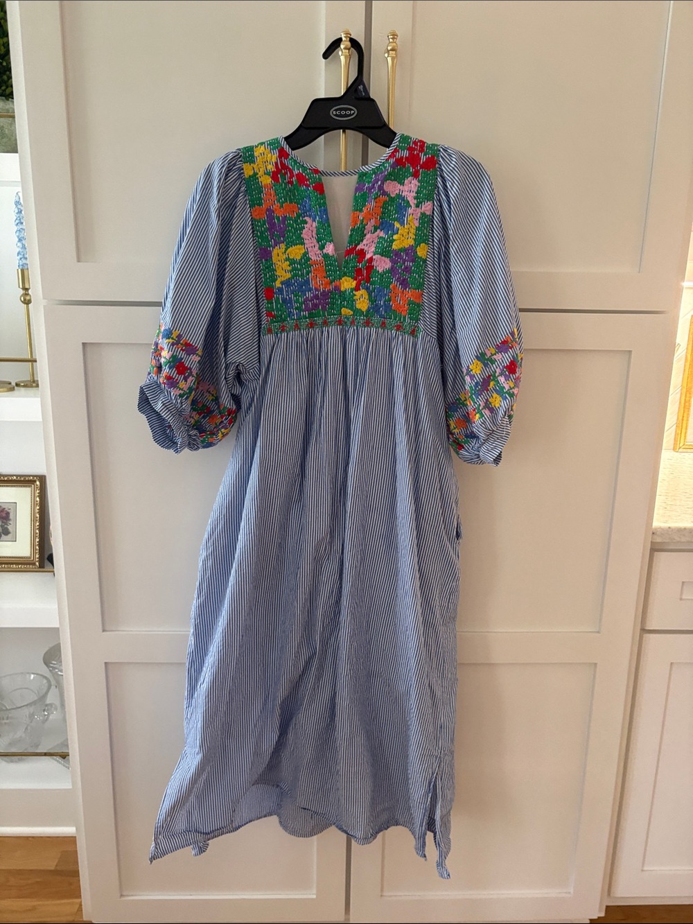 Blue Striped Midi Dress with Colorful Embroidered Yoke